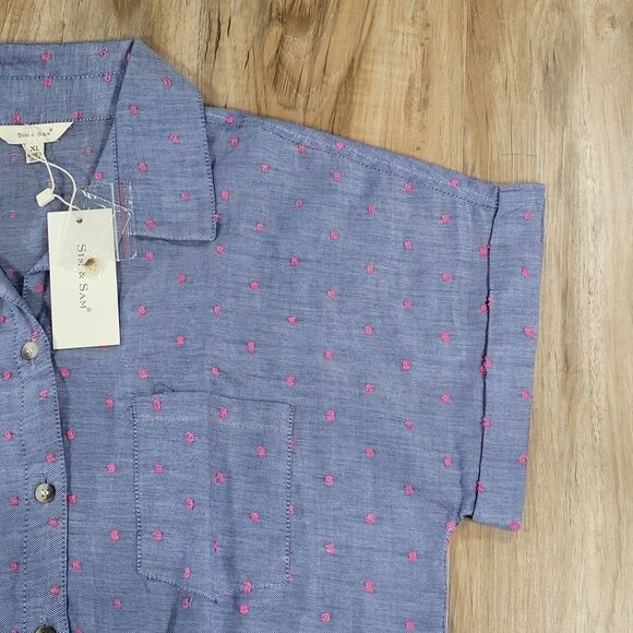🔺️NWT Sim & Sam Blue & Pink Dotted Buttoned Cuffed Sleeve Top XLarge - Picture 4 of 10